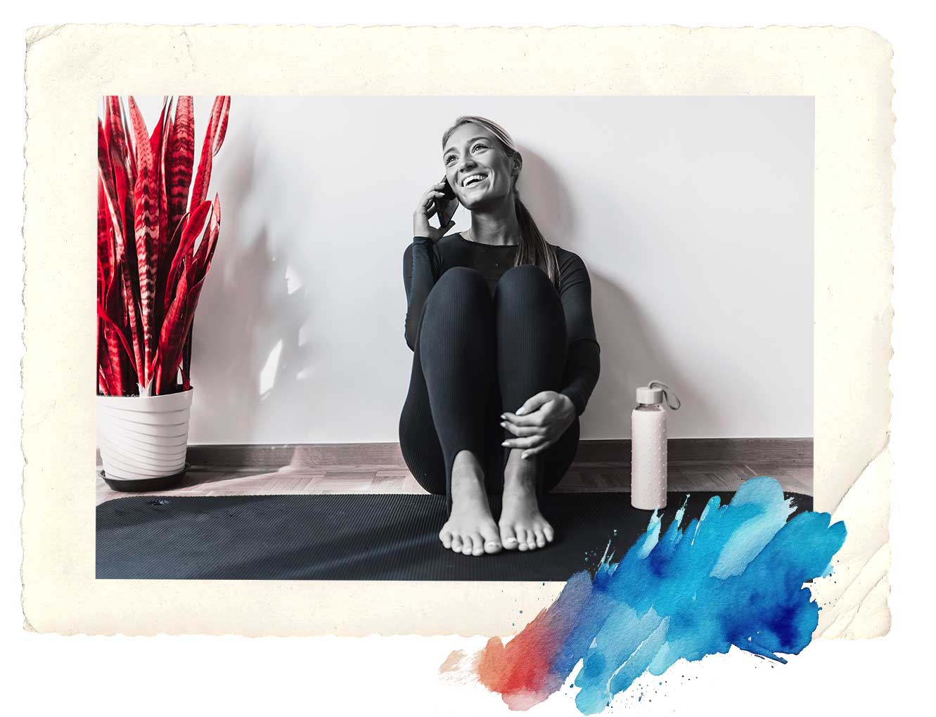 happy yoga lady on phone