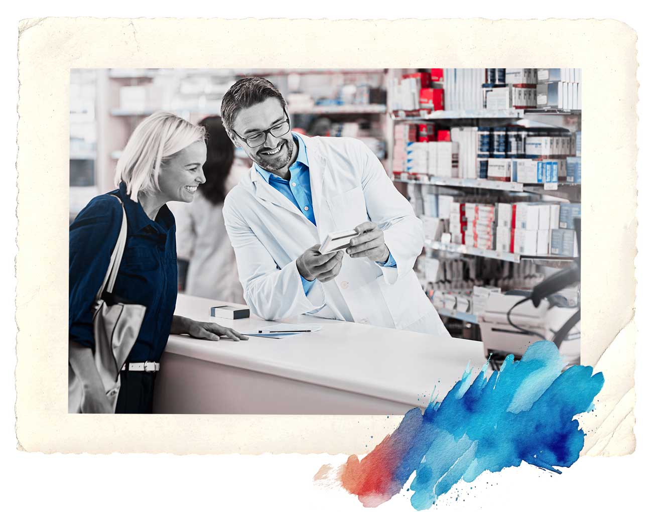 pharmacist and person checking out