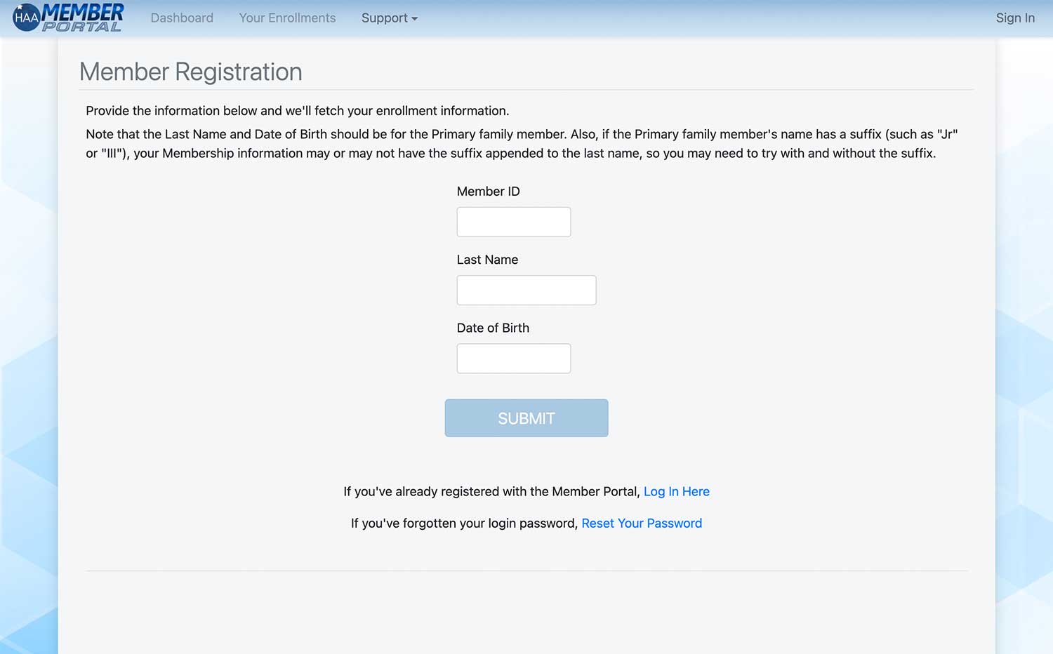 Member Portal Registration Screenshot